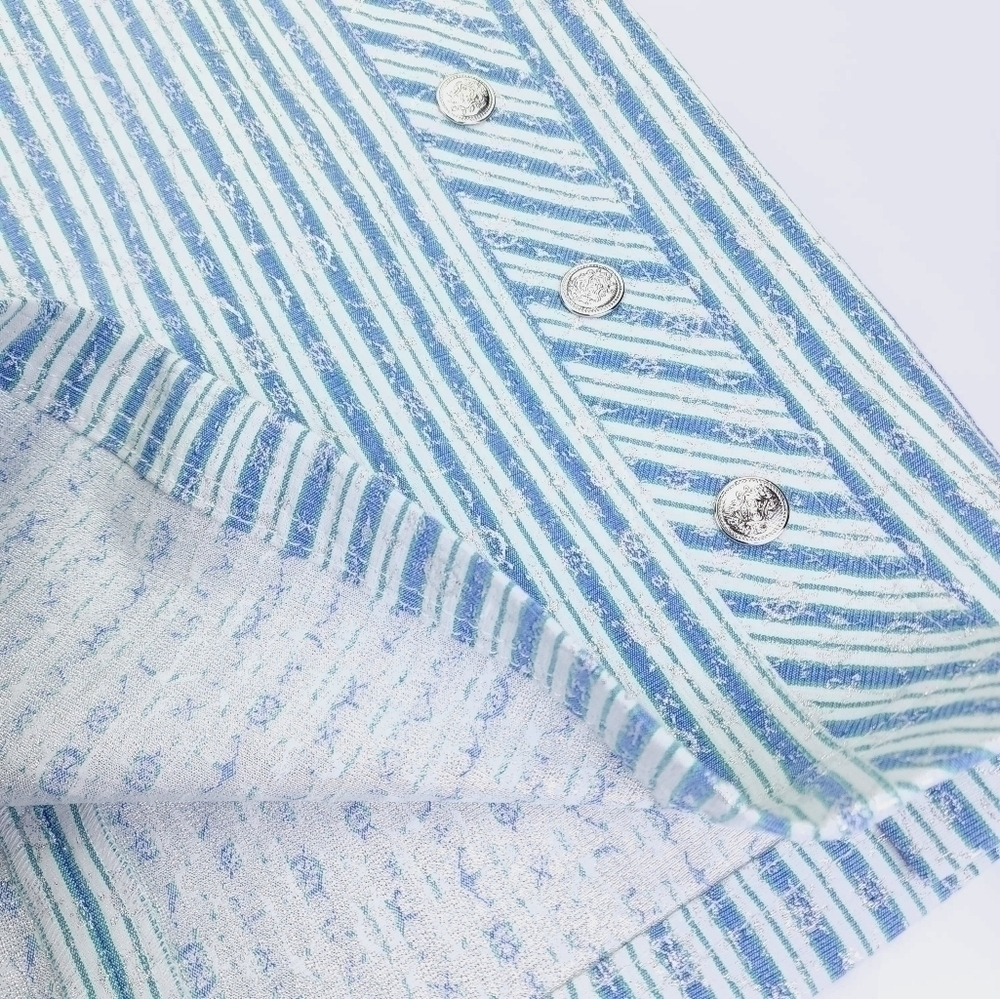 New Doncaster Blue Green White Stripe Silver Foil Buttoned Skirt Sz 14 - Picture 10 of 11